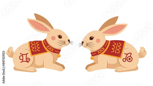 Illustration of Two Zodiac Rabbits with Decorative Red Capes