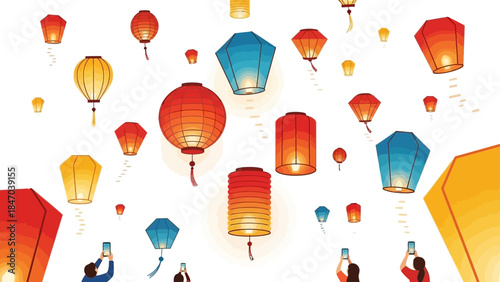Colorful Lanterns Floating in the Sky During Festival Celebration
