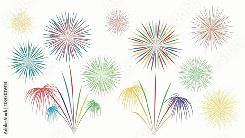 Colorful Fireworks Display in Abstract Vector Style on White Background