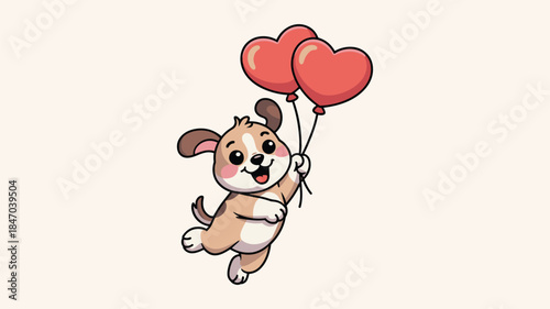 Cute cartoon puppy holding red heart balloons floating