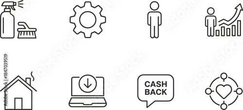 Business services and customer growth line icons set showing cleaning settings users cashback downloads home and loyalty concepts