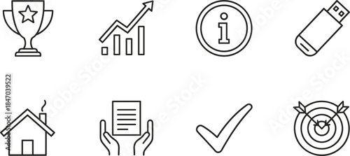Business success and achievement line icons set showing growth information storage documents approval targets and home concepts