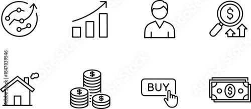 Finance and business analytics line icons set showing growth investment user assets buying decisions profit and market analysis