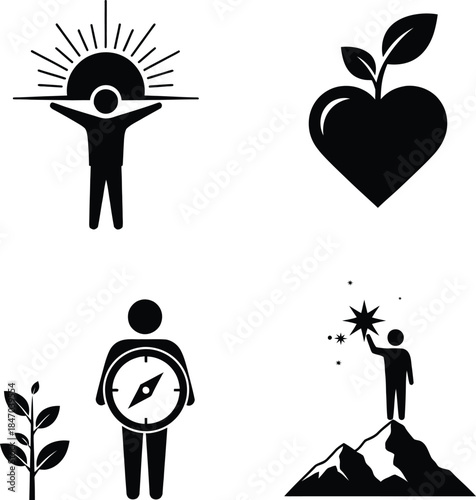 Set of conceptual icons representing personal development including a person reaching for a star on a mountain peak compass guidance and heart with leaves.