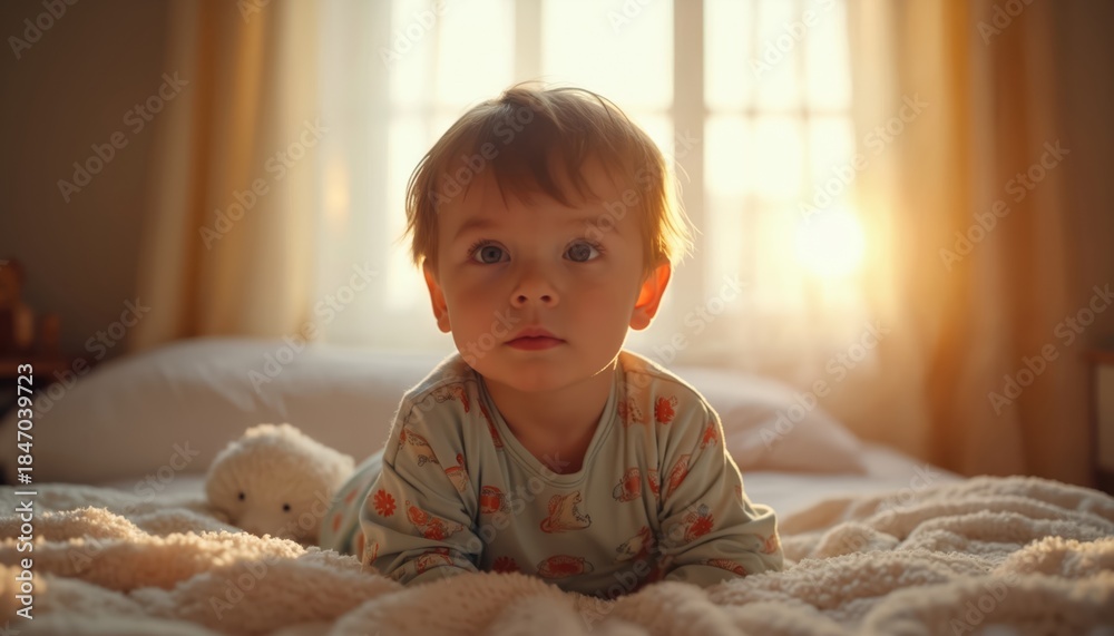 Fototapeta premium Small child in pajamas lies on bed near window. Gentle sun light warms boy ready for sleep. Soft blanket and toy create cozy atmosphere for kid.