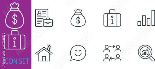 Outline business finance editorial icon set featuring money information analytics teamwork communication home symbols for modern interface design