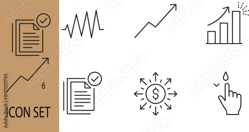 Outline business finance editorial icon set showing analytics growth charts approval revenue interaction for modern user interface design