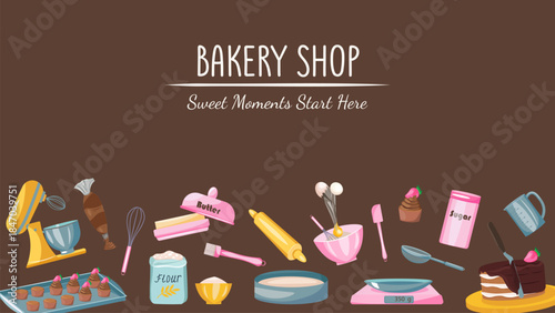 Bakery shop banner with baking tools, ingredients and desserts. Cartoon design for bakery house, baking class, pastry website, menu and food advertising.
