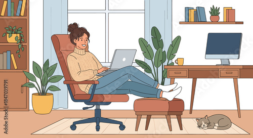 Woman working comfortably from home on a laptop with her feet up, surrounded by plants and a sleeping cat.