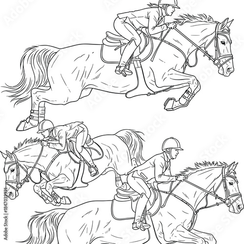 Equestrian Sport Jumping Silhouettes Line Art Vector, Dynamic Horse and Rider Illustration Set, Show Jumping Competition Outline Drawing, Professional Horseback Riding Athlete Training Concept.
