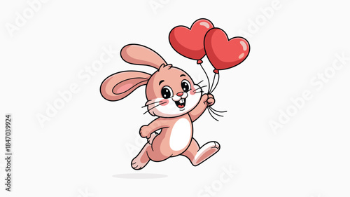 Happy Cartoon Rabbit Running with Heart Balloons