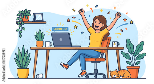 A happy woman celebrating success at her home office desk with a laptop and plants.