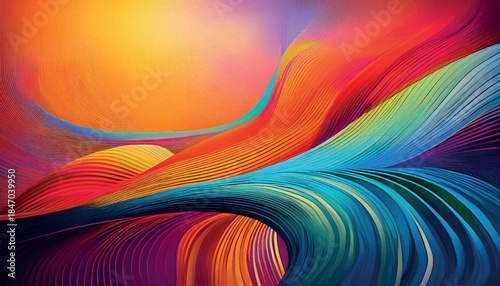 Vibrant abstract color wave composition with flowing layered lines and dynamic gradients. Modern digital artwork expressing motion, energy, creativity, and futuristic design aesthetics.