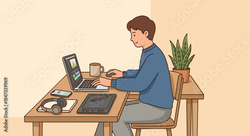 An illustration of a young man working on his laptop and graphic tablet at a wooden desk, surrounded by modern tech gadgets and a potted plant, in a cozy home office setting.