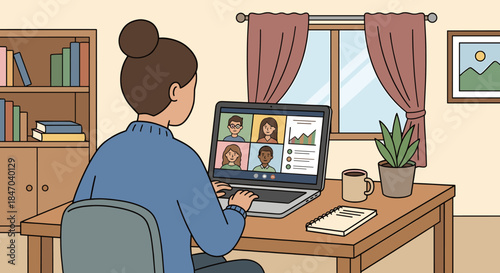 A woman works from home, participating in a video conference call with multiple colleagues on her laptop, in a cozy home office setting.