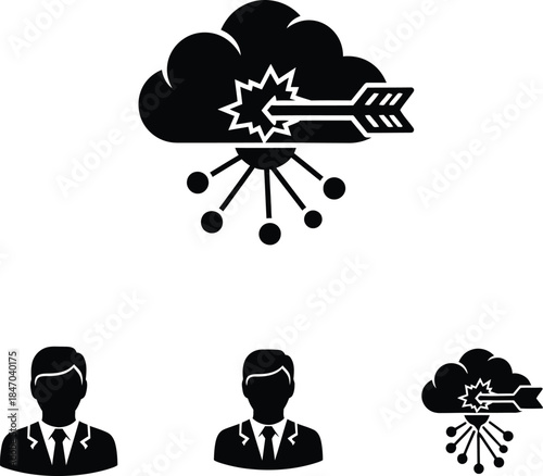 Set of conceptual icons representing cloud computing target audience reaching goals and business professional avatars for marketing and technology strategies.