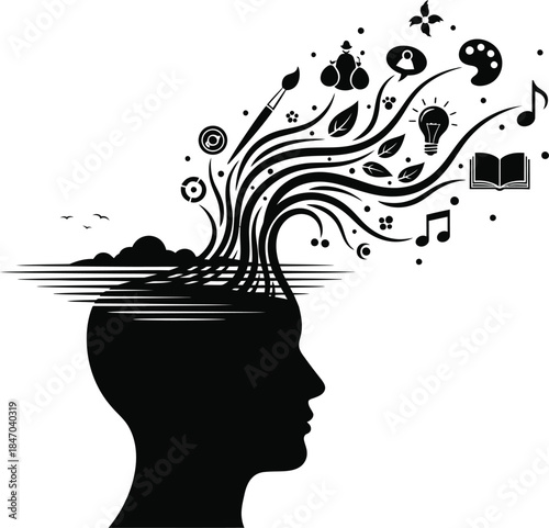 Design 6
Title: Conceptual illustration of a human silhouette with creative ideas flowing from the mind representing inspiration imagination art music and mental productivity.
