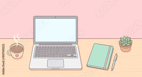 A minimalist cartoon illustration of a cozy desk setup with a laptop, coffee mug, notebook, pen, and a succulent plant on a wooden table against a pink wall.