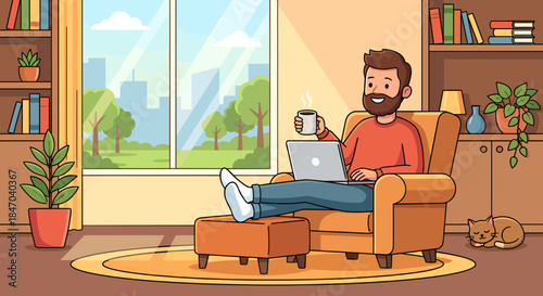 Bearded man working on laptop in cozy armchair at home with coffee and cat.