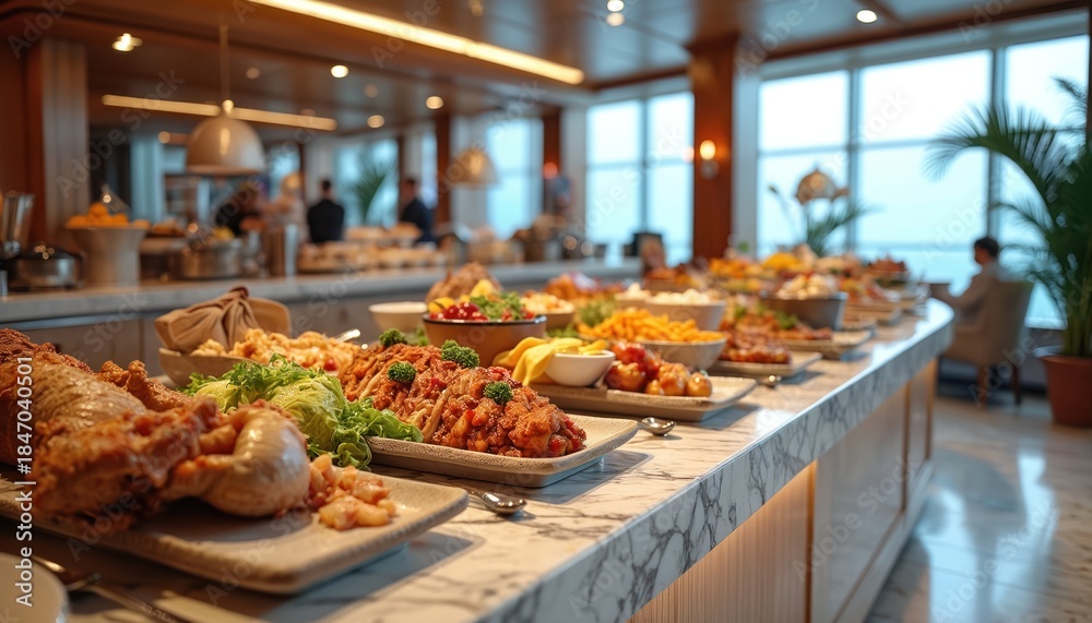 Obraz premium Gourmet buffet with varied food dishes on marble counters inside ship. Guests eat at tables, enjoy assorted meals and drinks with ocean view. Luxury dining experience aboard vessel.