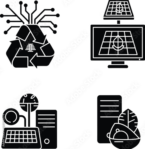Set of green technology and eco friendly icons representing electronic waste recycling renewable energy solar panels and sustainable digital infrastructure.