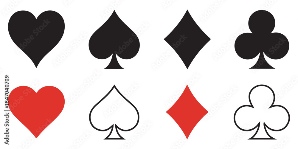 Fototapeta premium Hearts and Spades, Diamonds and Clubs card vector set. Black playing cards icon. 4 card suits symbol