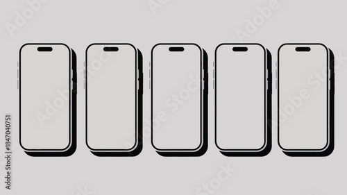 Smartphones in a row on gray background for tech or communication concept