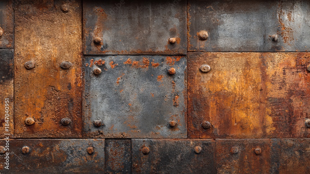 Fototapeta premium Weathered Metal Panels with Oxidation Patterns in a Factory Setting Showcasing Industrial Texture and Surface Details