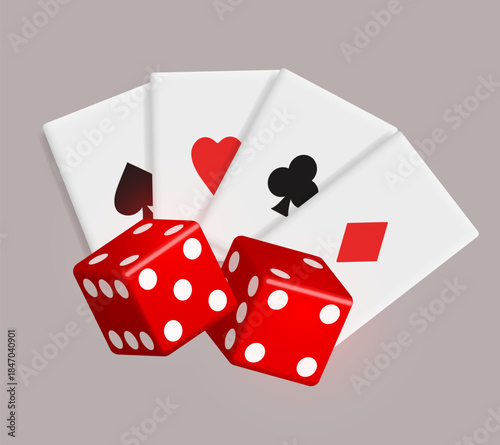 Fan of cards and red dice. Casino 3d illustration.  Vector illustration