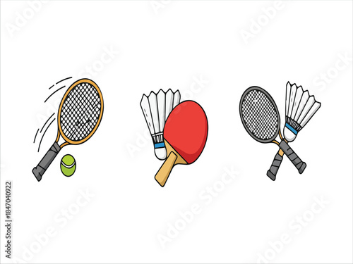 Illustrations of tennis ping pong and badminton rackets