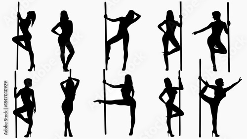 Silhouette of women performing pole dance in various poses