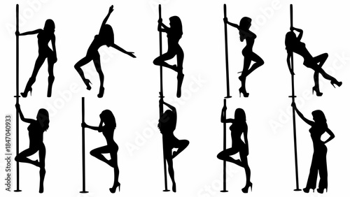 Silhouettes of women dancing on poles in various poses and high heels