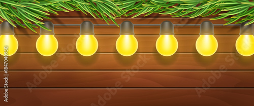 Christmas tree branches and string lights on a wooden background. Vector 3D illustration.