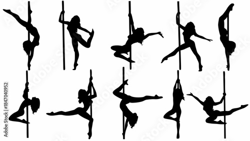 Silhouette of women performing dynamic pole dance moves