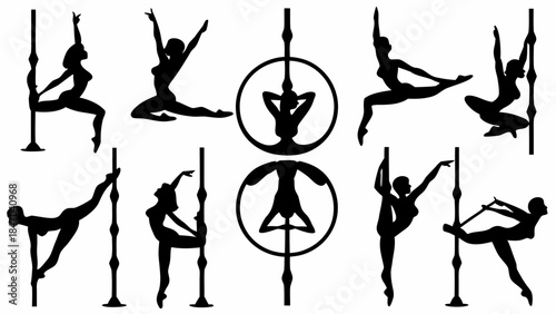Silhouettes of dancers performing aerial pole tricks in various poses
