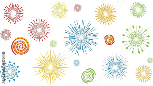 Colorful abstract fireworks pattern on white background