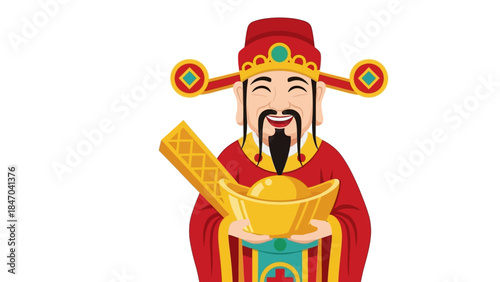 Smiling Chinese God of Wealth Illustration with Gold Ingot