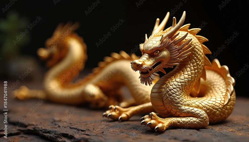Fototapeta premium Golden dragon statue detail. Intricate scales and claws on mythical creature. Ancient oriental artifact on textured ground. Rich cultural symbol.
