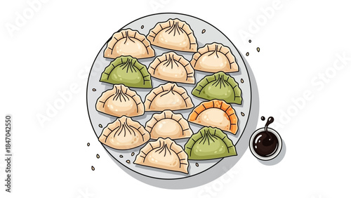 Illustration of Assorted Dumplings on a Plate with Soy Sauce