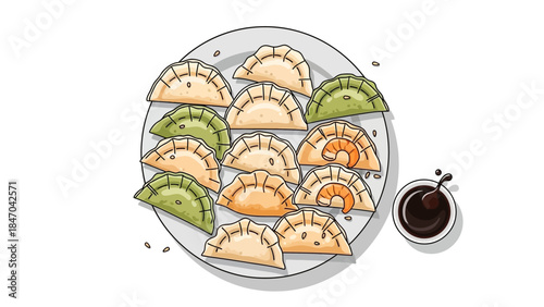 Assorted colorful dumplings on a plate with soy sauce dip