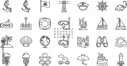 Nautical line icons set, marine life, sea animals, pirate flag, lighthouse, boat, diving, summer vacation symbols, vector illustration, isolated on white.