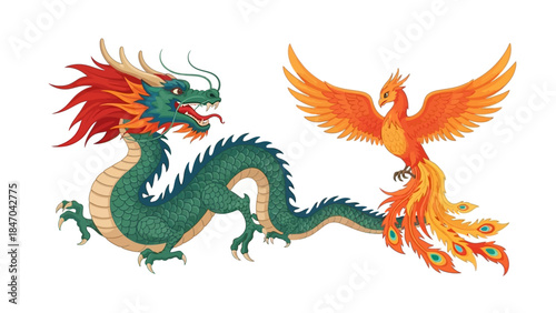 Colorful dragon and phoenix illustration on white background