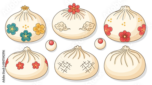 Decorative Chinese steamed buns with colorful floral designs