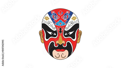 Traditional Chinese Opera Mask with Bold Colors and Patterns