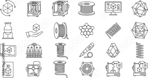 3D printing line icons set, additive manufacturing symbols, printer, filament spool, modeling software, prototype design, vector illustration, isolated on white.