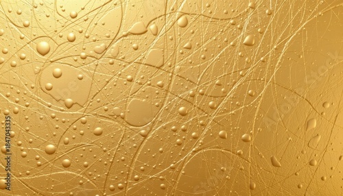 Abstract golden texture with water droplets and intricate lines creating an elegant and luxurious background