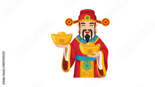 Traditional Chinese God of Wealth Holding Gold Ingots Illustration