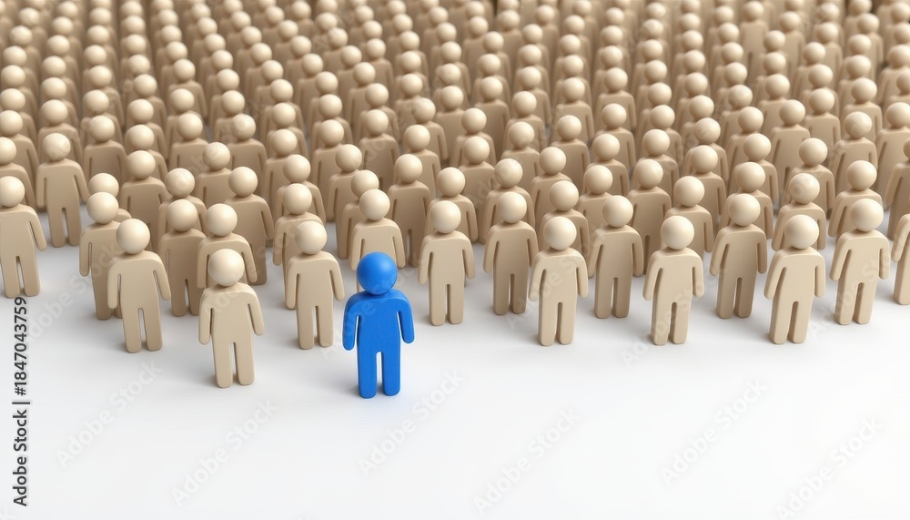 Fototapeta premium Unique Blue Figure Amongst Tan Crowd Representing Individuality and Standout Moments in Life