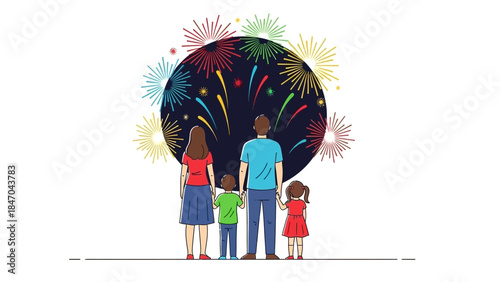 Family watching colorful fireworks display in a festive celebration