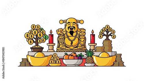 Colorful illustration of a prosperity altar with Buddha statue and offerings